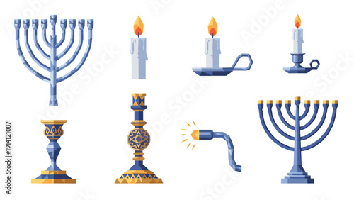 Colorful candle holders and menorahs in modern geometric design