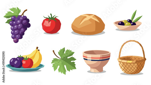 Mediterranean food icons: fresh fruits, vegetables, bread, and ceramics in flat style