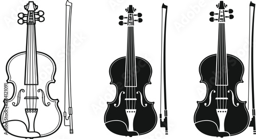 Three Violins with Bow in Black and White Line musical instrument