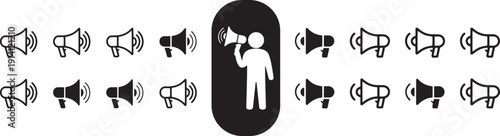 Megaphone Icon Set – Loudspeaker, Announcement and Advertising Promotion Symbol Collection Flat and Line Vector Illustration