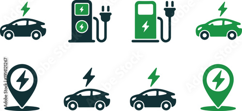 Electric Car Charging Icon Set – EV Station, Plug Socket and Hybrid Vehicle Battery Power Symbol Vector Illustration