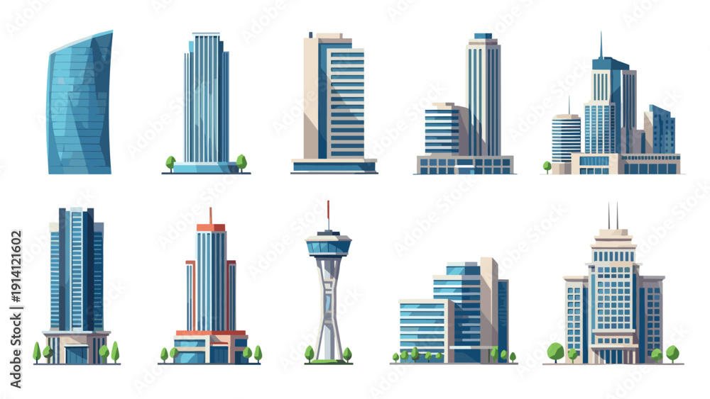 Fototapeta premium Modern urban skyline collection featuring iconic city buildings in flat style
