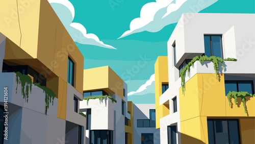 Contemporary urban buildings with greenery under vibrant sky