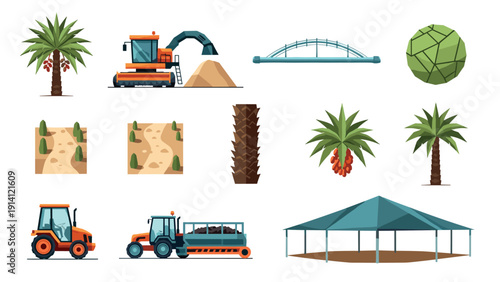 Construction and landscaping equipment with palm trees and tents