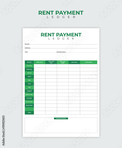 Rent Payment Ledger Template for Tenant Monthly Rent Tracking and Payment Records

