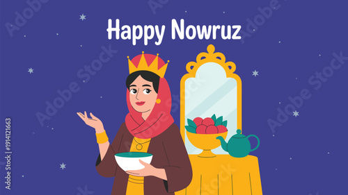 happy nowruz celebration illustration with traditional woman haft seen table mirror goldfish and persian new year concept