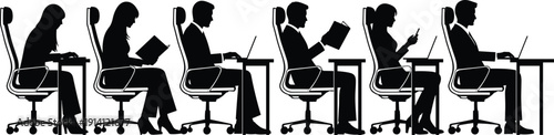 Office workers sitting at desk silhouette collection, business workplace activity concept, corporate lifestyle people set, black isolated vector illustration