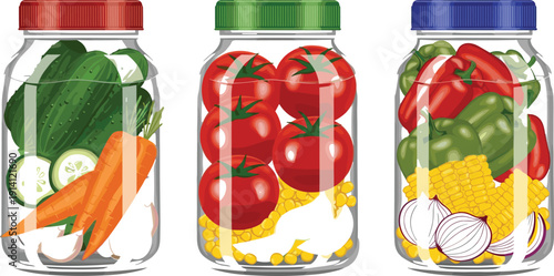 Glass Jar Preserved Vegetables Vector Illustration Set with Pickled Cucumbers, Tomatoes, Corn, Garlic and Homemade Food Storage Concept