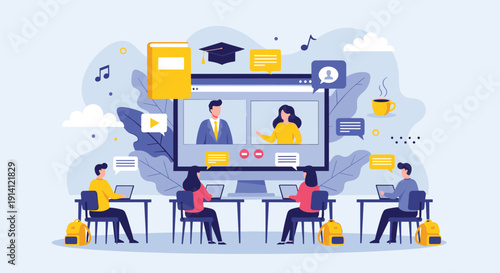 Online classroom video conference learning illustration, digital education students attending virtual class, e learning technology concept, modern flat vector design