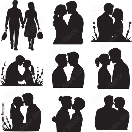 set of black silhouettes of couples kissing and holding hands