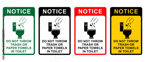 Do Not Throw Trash or Paper Towels in Toilet Notice Sign Vector, Restroom Hygiene Maintenance Illustration Set, Flat Design Toilet Signage for Office and Public Facility Plumbing Protection.
