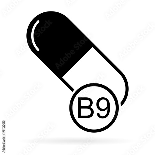 Vitamin B9 icon shadow, healthy medicine pill supplement symbol, complex mineral vector illustration .