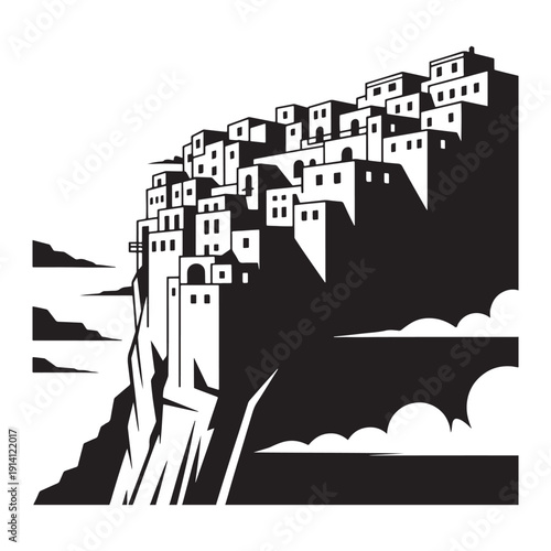 Stylized village perched on a dramatic cliffside in silhouette
