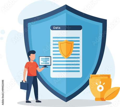 A person holding a shield with a certificate and a padlock symbolizing security. isolated on transparent background