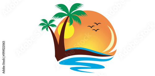 Vibrant tropical island paradise logo majestic palm trees serene ocean waves stunning sunset Exotic beach vacation