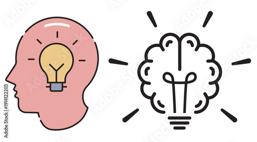 Head Silhouette with Light Bulb Idea, Brain Lighting Up, Flat Design Vector Illustration