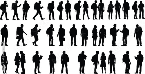 People walking standing silhouette collection, urban commuters students professionals daily activity set, isolated on white background illustration pack