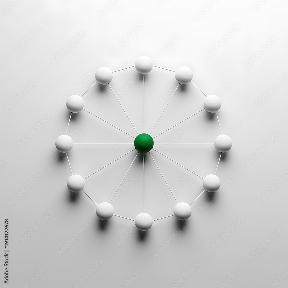 Obraz premium A green sphere is connected to multiple white spheres in a network structure