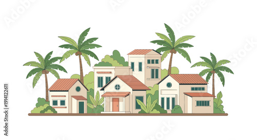 Charming Tropical Village Scene with Palm Trees and Houses