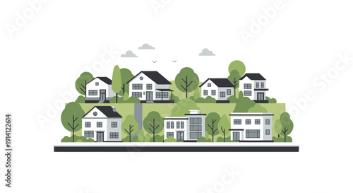 Suburban neighborhood illustration with modern houses and green trees, flat design