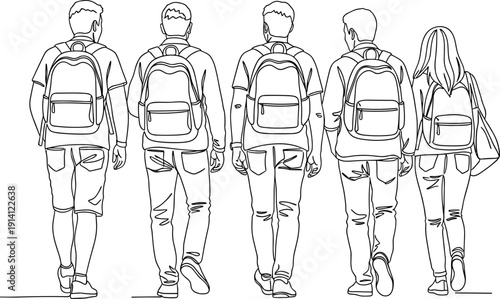 Students walking with backpacks outline illustration, university campus lifestyle concept, young people rear view, education line art vector design
