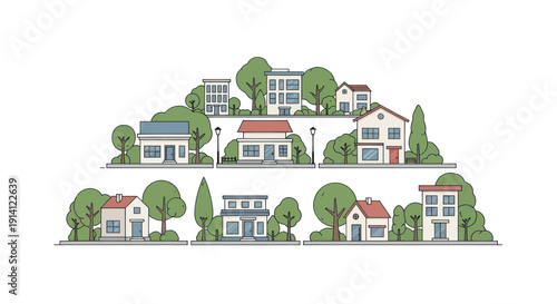 Vector Illustration of Diverse Houses and Trees in a Stylized Neighborhood