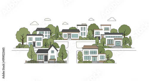 Modern suburban neighborhood with diverse houses and green trees, flat illustration