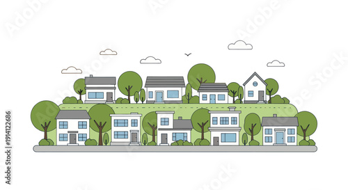 Modern suburban neighborhood with houses and trees, flat design illustration