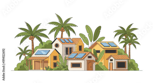 Eco-friendly houses with solar panels surrounded by palm trees and lush greenery