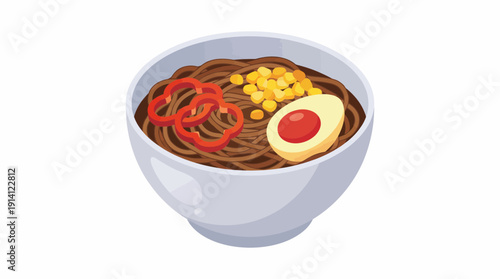 Isometric illustration of a hot bowl of Japanese ramen with brown noodles, sweet corn, red bell peppers and boiled egg on white background, concept for menu design, culinary branding and blogs