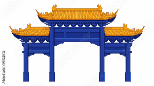 Traditional blue Chinese gate with golden yellow tiled roofs isolated on white background, concept for cultural branding, tourism promotion and asian festival