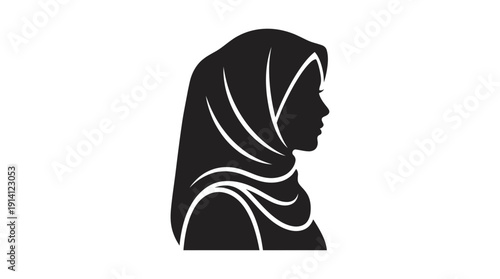 Minimalist side profile silhouette of a professional Muslim business director woman wearing a hijab, concept for corporate leadership, workplace diversity and modern entrepreneur branding