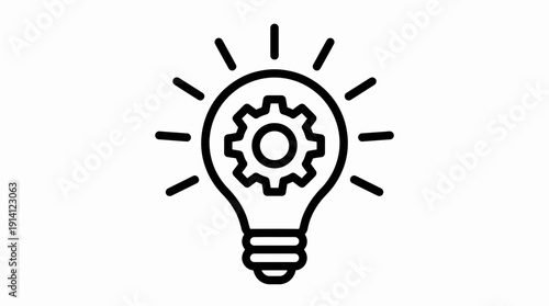Minimalist black line icon of glowing lightbulb with mechanical gear inside on white background, concept for technical innovation, creative engineering process and industrial business solution
