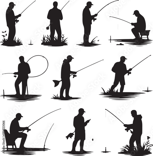 set of silhouettes of men fishing in various poses outdoors