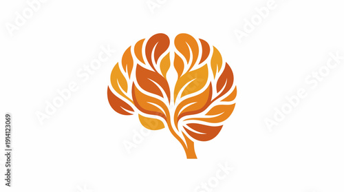 Abstract human brain silhouette created from vibrant orange and yellow autumn leaves on a white background, concept for mental health awareness, ecological intelligence and creative thinking