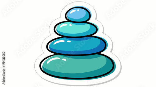 Illustration of stacked balanced blue and teal zen stones sticker icon on white background, concept for wellness branding, meditation application and spa salon advertisement materials