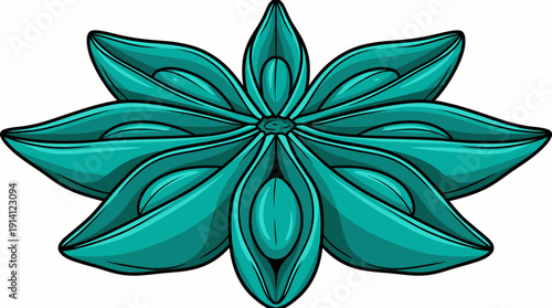 Teal cartoon star anise spice illustration isolated on white background, concept for culinary recipe decoration, organic spice packaging and kitchen wall art