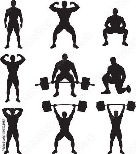 set of muscular men exercising with dumbbells and weights