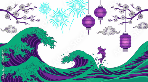 Japanese wave illustration with koi fish, purple lanterns, cherry blossoms and fireworks on white background, concept for cultural festival, Asian heritage and decorative wall art