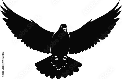 Black silhouette of a peace dove flying forward with wings fully spread open.