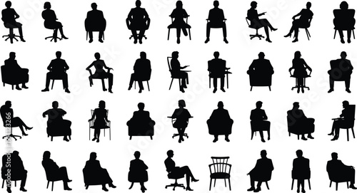 People sitting silhouettes set, men and women on chairs in various poses, waiting or interview collection isolated