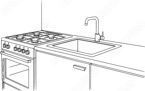 Minimalist continuous line drawing of a modern kitchen interior with stove, sink, and cabinets, clean vector illustration.