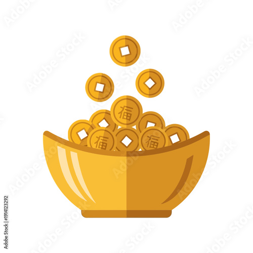 Golden Chinese yuanbao bowl filled with falling ancient gold coins with lucky Fu calligraphy on white background, concept for Chinese New Year celebration, wealth accumulation and financial prosperity