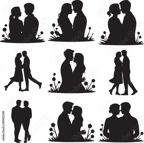 silhouette of couples in various romantic poses and kisses