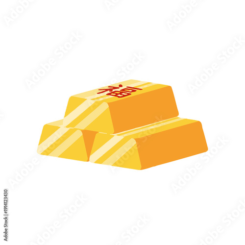 Stack of three shiny golden bars with red Chinese character for luck on white background, concept for wealth investment, Chinese New Year celebration and financial prosperity
