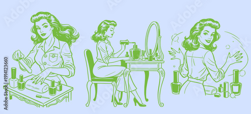 Vintage woman manicure salon artwork. Retro beauty and glamour design. Nail polish graphic print design for t shirt. Pin up style lady makeup art. Fab