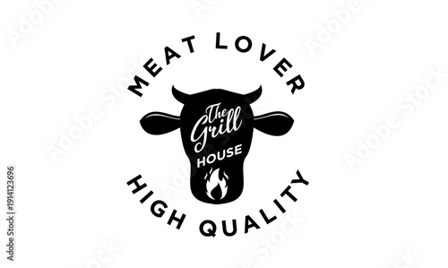 Meat Lover High Quality Grill House Logo. Cow Head Silhouette Emblem with Flame, Perfect for Steakhouse or Barbecue Restaurant Branding.