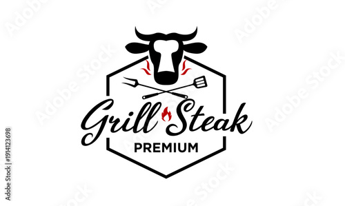Grill Steak Premium Logo Design with Cow Head, BBQ Tools, and Flame Icon for Restaurant Branding
