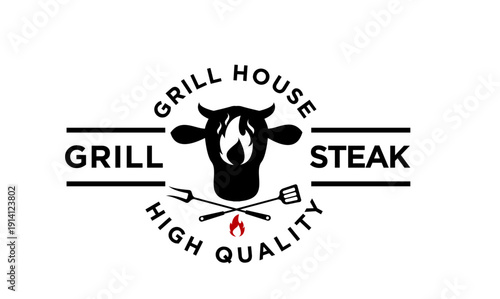 Grill House Steak Restaurant Logo with Cow Head Silhouette, Flame, and BBQ Tools Icon