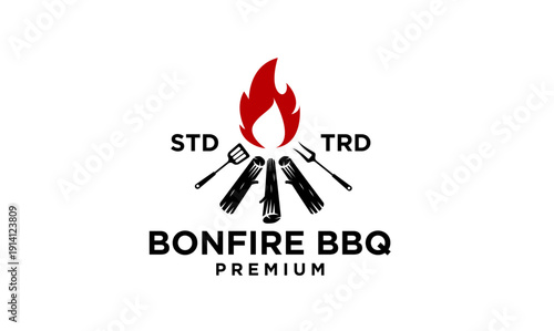Bonfire BBQ Premium Logo with Flame, Logs, Spatula, and Grill Fork Icon